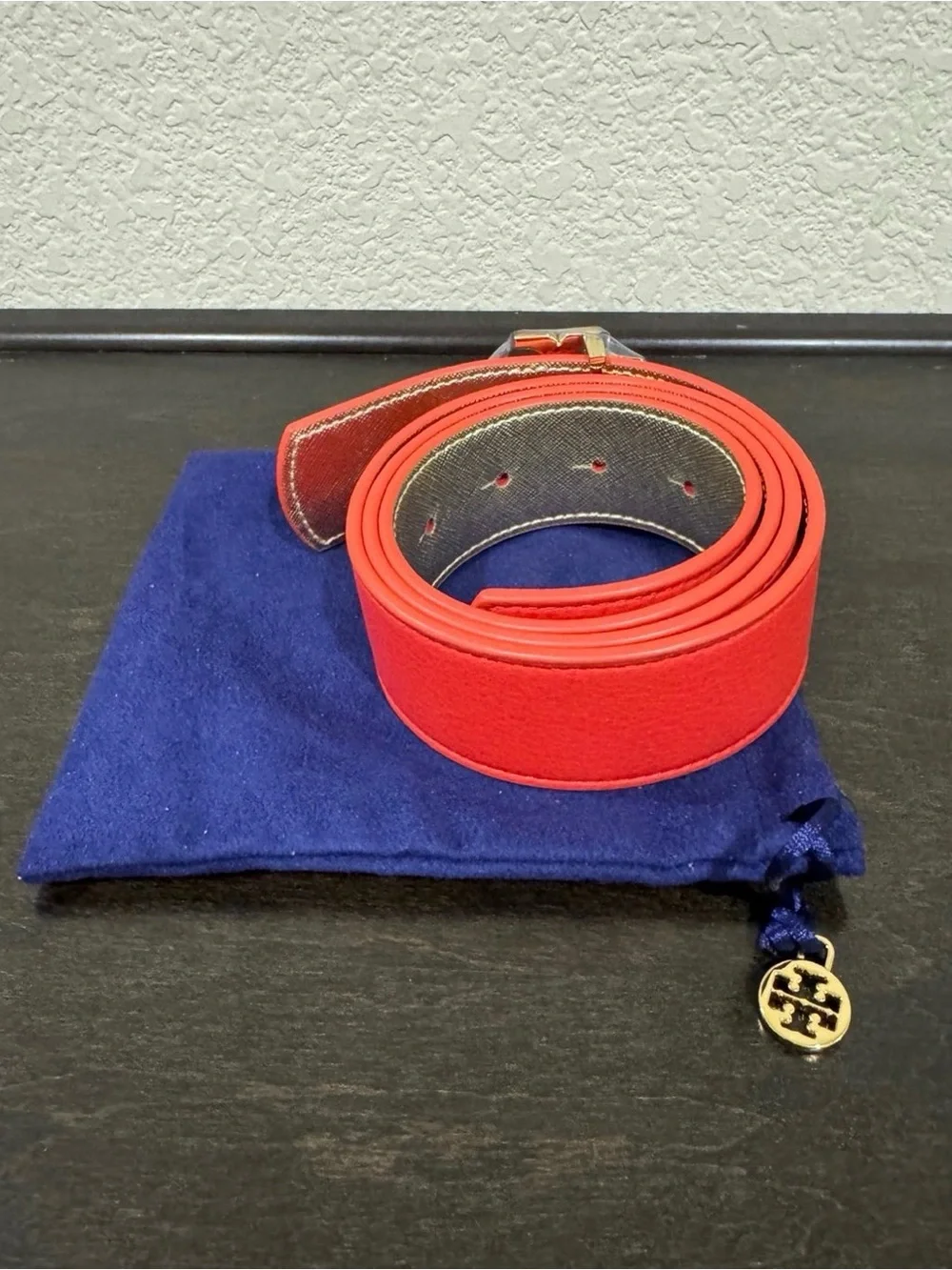 Tory Burch Coral-Red Logo Buckle Leather Belt
